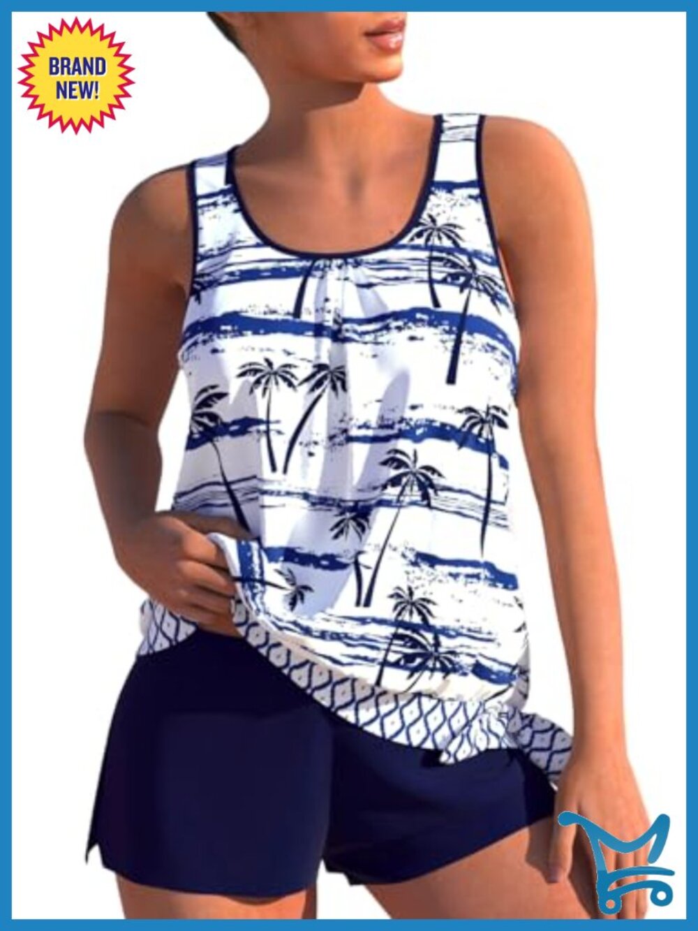 2 Piece Tankini Swimsuit Set with Board Shorts Tropical Print